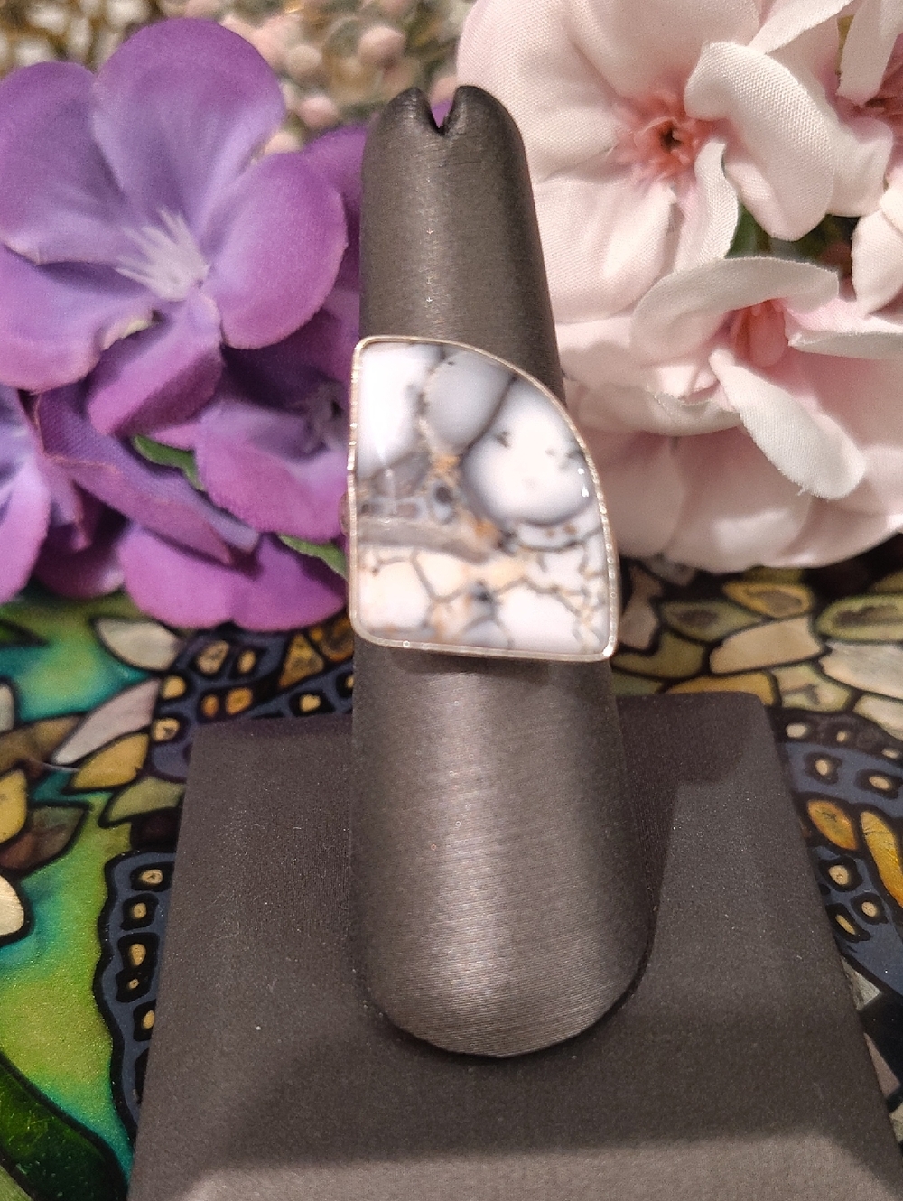 Dendritic Agate Geometric Shaped Ring 925 Stamp